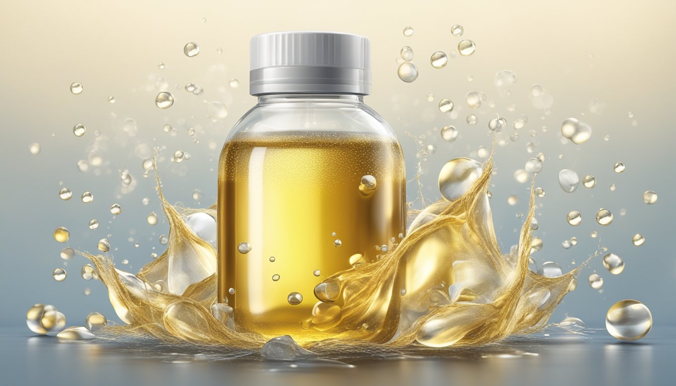 A bottle of cold pressed oil surrounded by droplets, collagen fibers, and a taut, elastic membrane, symbolizing the barriers to skin aging