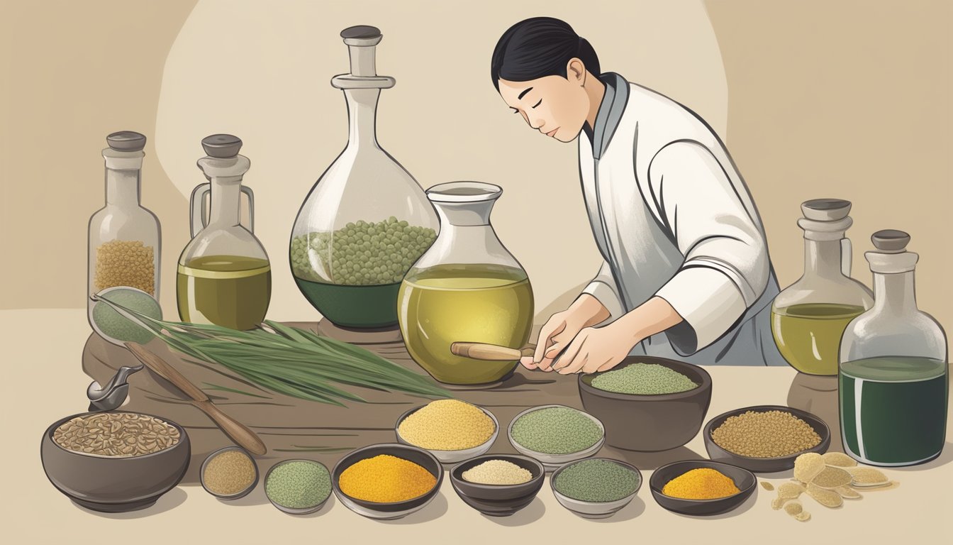 A traditional Chinese medicine practitioner carefully extracting bioactive components from cold-pressed oils using a mortar and pestle