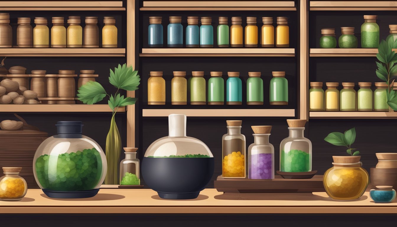 A traditional Chinese medicine apothecary with shelves of cold pressed oils and herbal ingredients, with a mortar and pestle for oil extraction