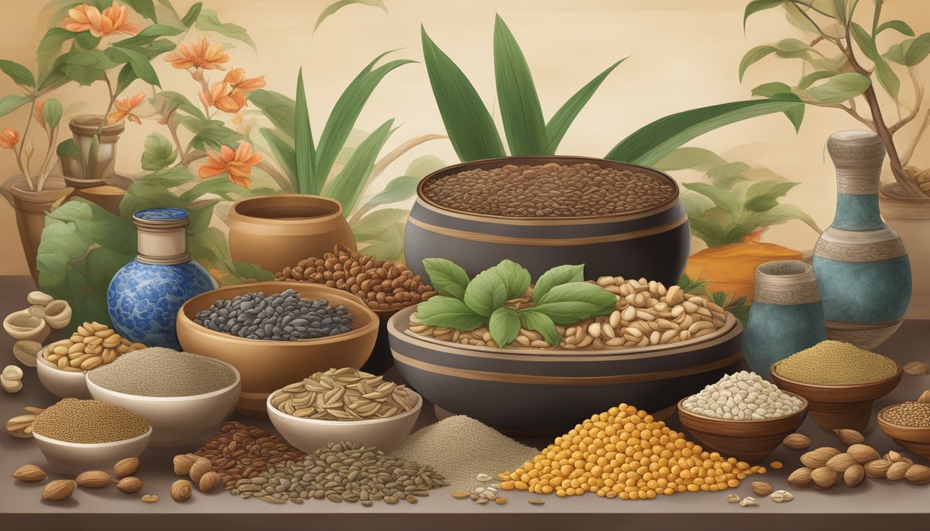 A colorful array of various seeds and nuts, alongside scientific equipment and traditional Chinese medicine herbs, set against a backdrop of ancient Chinese scrolls and illustrations