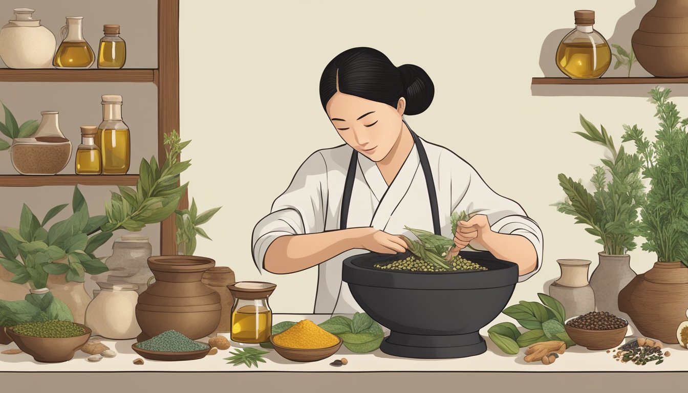 A traditional Chinese medicine practitioner pouring cold pressed oils into a mortar and pestle, surrounded by various herbs and ingredients