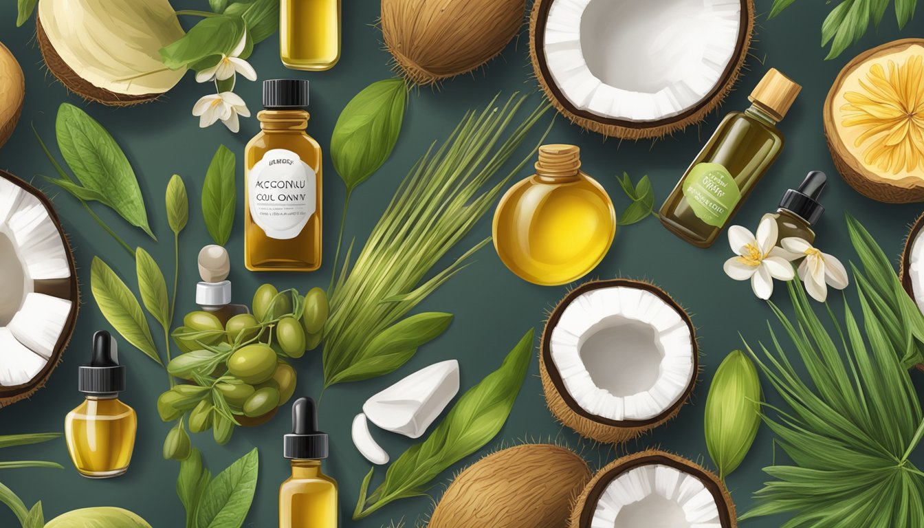 A variety of cold-pressed oils, such as coconut, olive, and argan, displayed alongside fresh herbs and fungi, symbolizing their anti-inflammatory and antifungal properties for nail health and growth