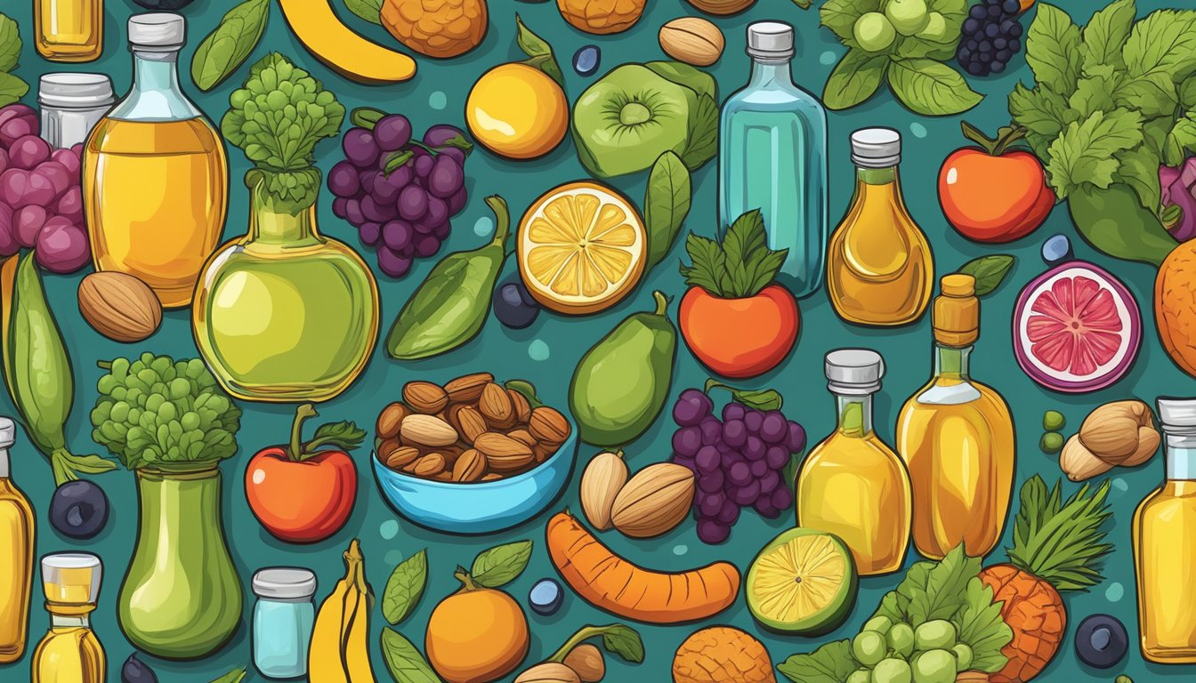 A colorful array of fruits, vegetables, and nuts surround a bottle of cold pressed oil, highlighting its connection to cardiovascular health