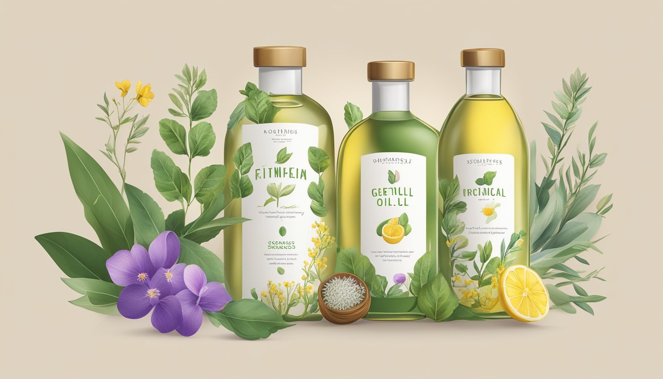 A bottle of cold-pressed oils surrounded by soothing botanicals and ingredients, with a gentle, calming backdrop