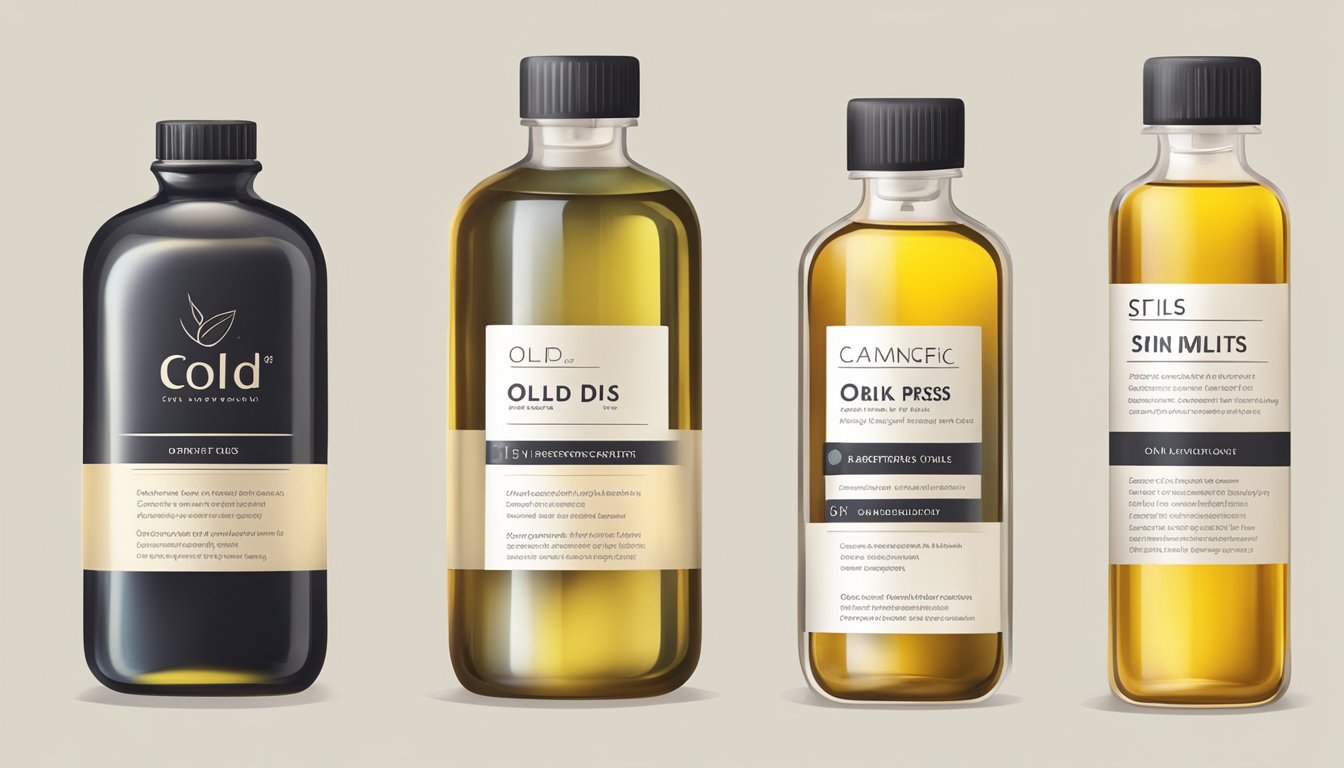 A variety of cold-pressed oils arranged next to a scientific diagram of skin layers to illustrate the relationship between oils and skin elasticity