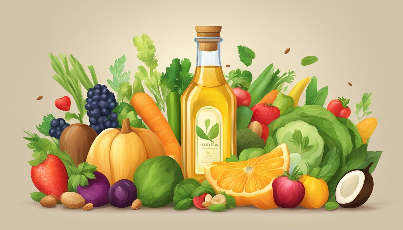 A bottle of cold pressed oil surrounded by fresh, colorful fruits and vegetables, with a heart shape made out of various seeds and nuts