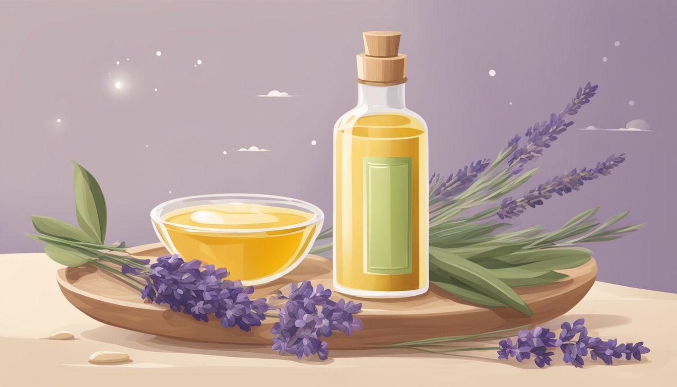 A bottle of cold pressed oil sits beside a soothing bath, surrounded by natural ingredients like oatmeal and lavender