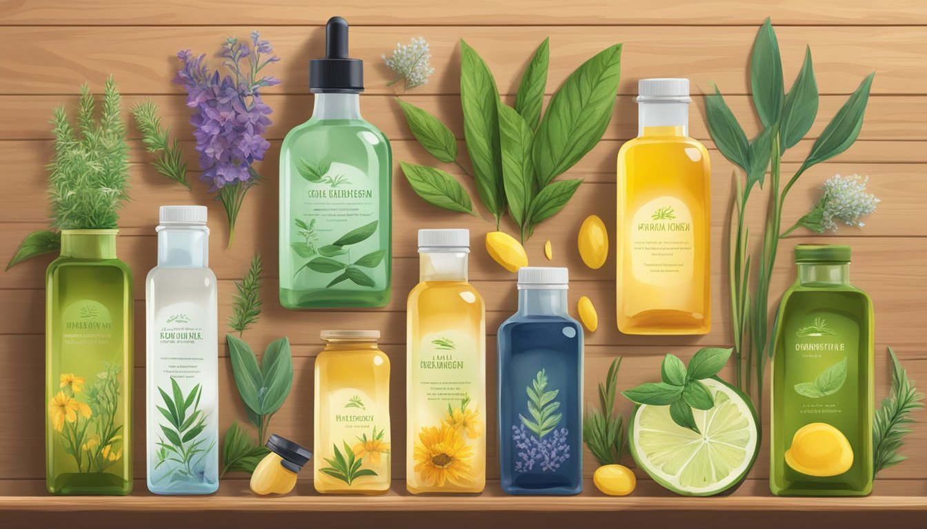 A variety of cold-pressed oils displayed on a wooden table, surrounded by colorful botanicals and herbs