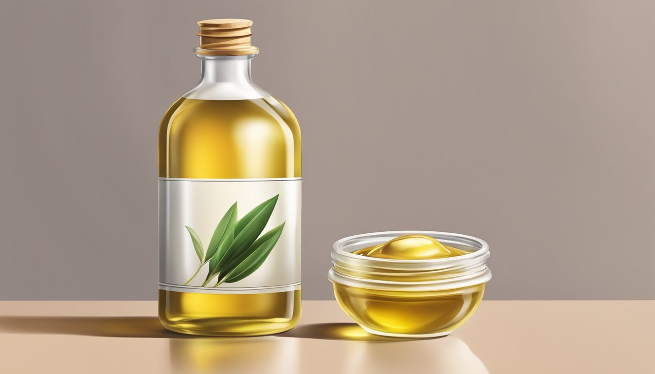 A bottle of cold pressed oil next to a smooth and supple piece of skin