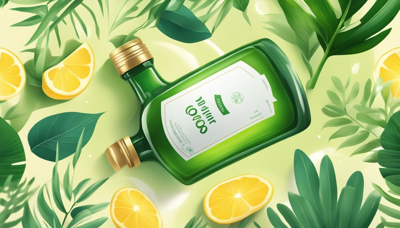 A bottle of cold-pressed oil surrounded by lush green plants, with rays of sunlight illuminating the scene, highlighting the connection between environmental factors and skin elasticity