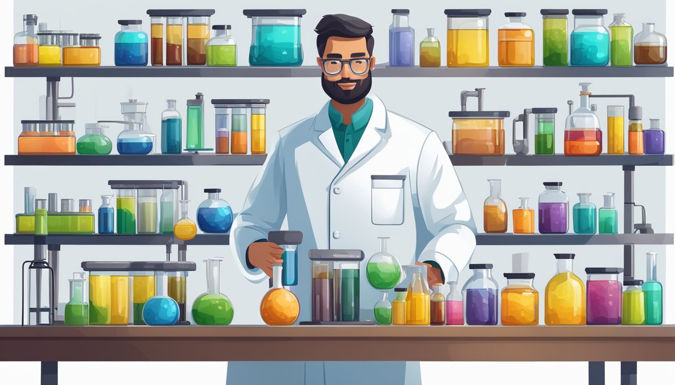 A laboratory with shelves of glass bottles filled with colorful cold-pressed oils. A scientist carefully measures and mixes ingredients in beakers, surrounded by high-tech skincare equipment