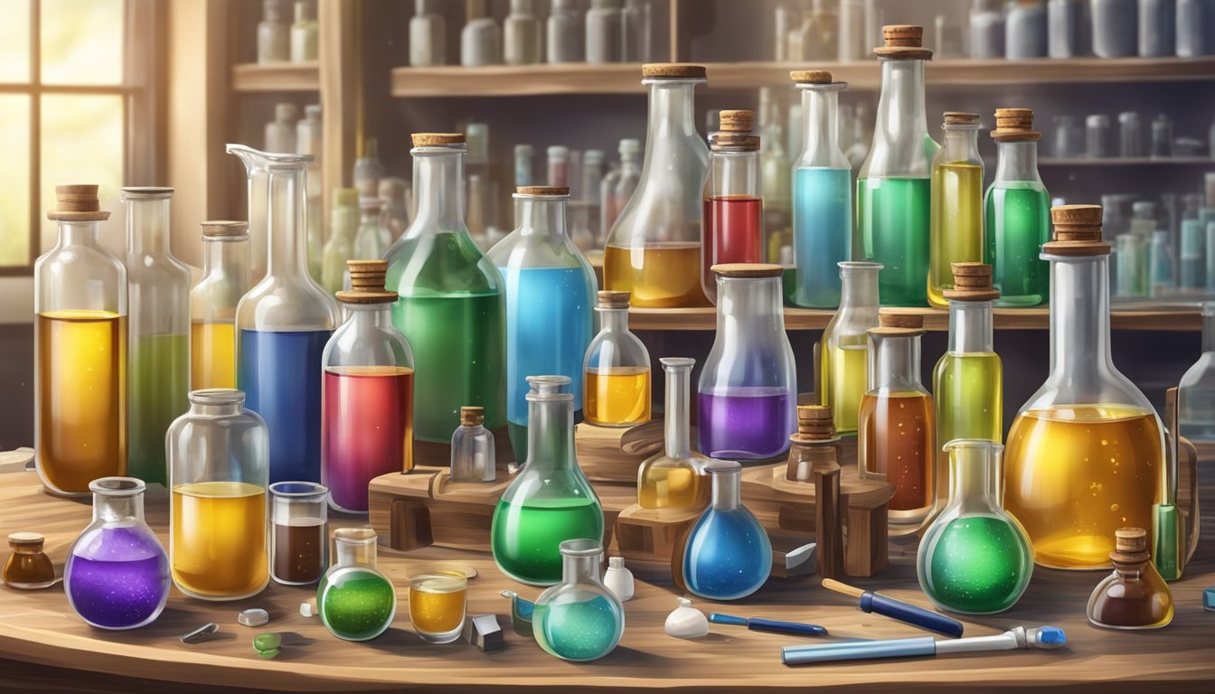 A laboratory table with various bottles of cold pressed oils and chemical compounds, surrounded by scientific equipment and tools