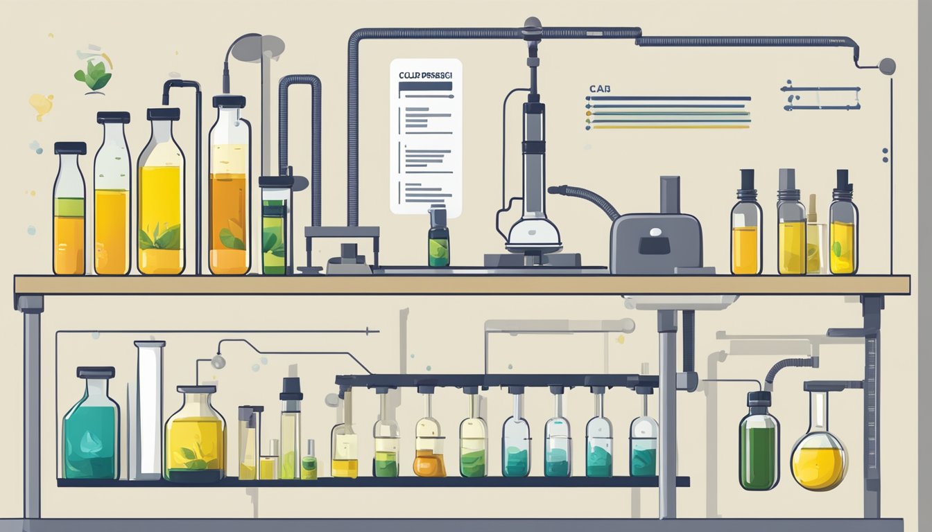 A laboratory table with various bottles of cold pressed oils and a chart displaying their comedogenic ratings