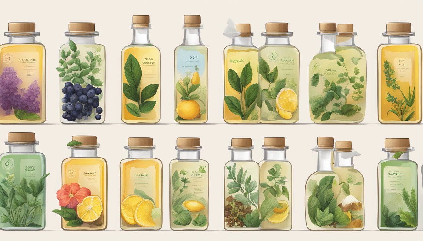 A variety of cold pressed oils arranged in a row, each labeled with its comedogenic rating, surrounded by botanical illustrations