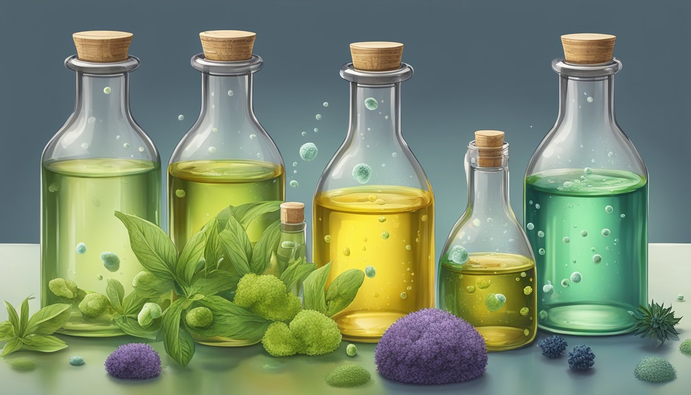 A selection of cold pressed oils surrounded by various types of bacteria and molds, with the oils effectively inhibiting their growth