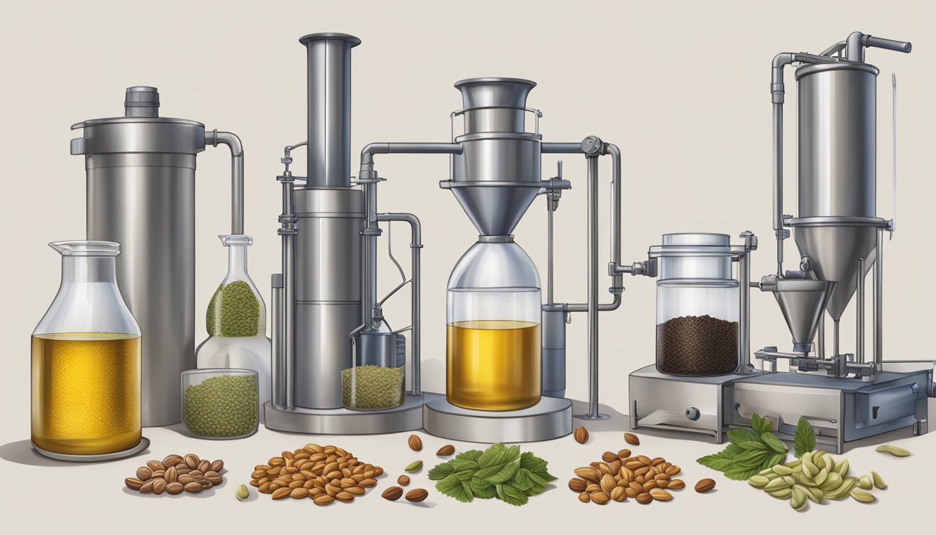 A variety of seeds and nuts being cold pressed into oils, with a focus on the process and equipment used