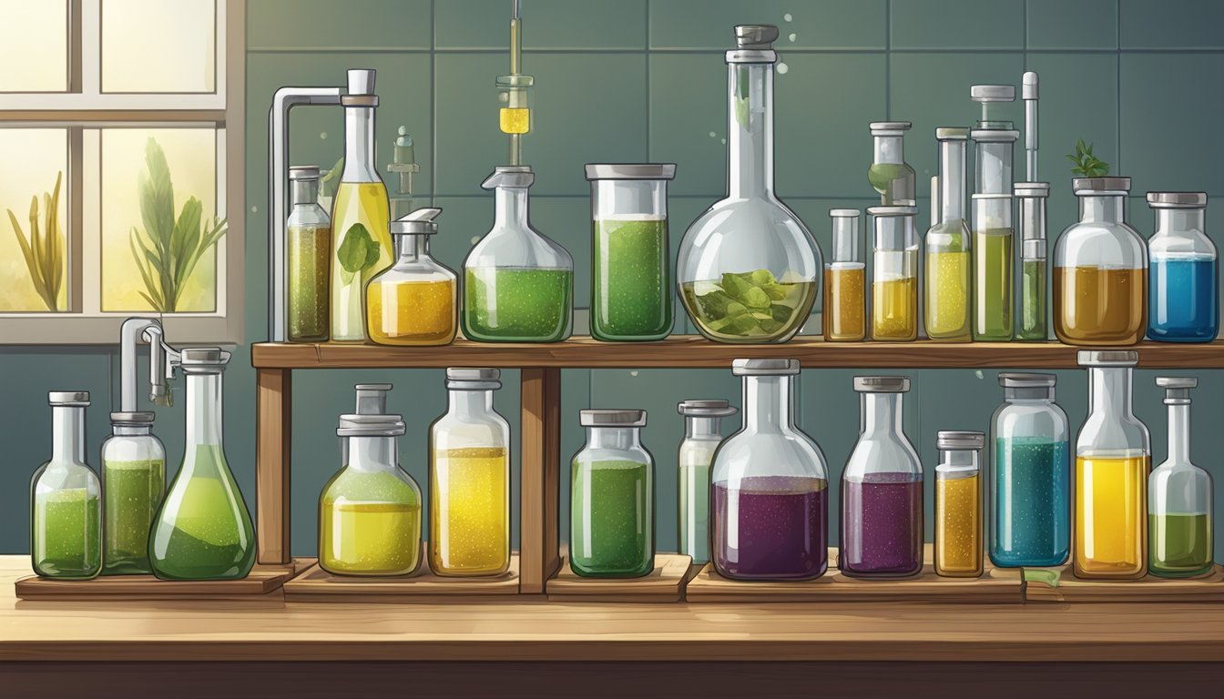 A laboratory setting with various pathogens and bottles of cold pressed oils, showing the efficacy of the oils against specific pathogens