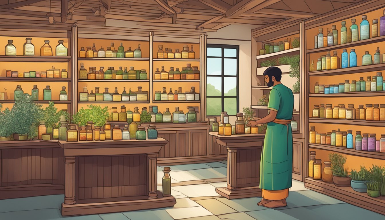 A serene, traditional Ayurvedic clinic with shelves of colorful, cold-pressed oils and herbs, and a practitioner mixing remedies in the background