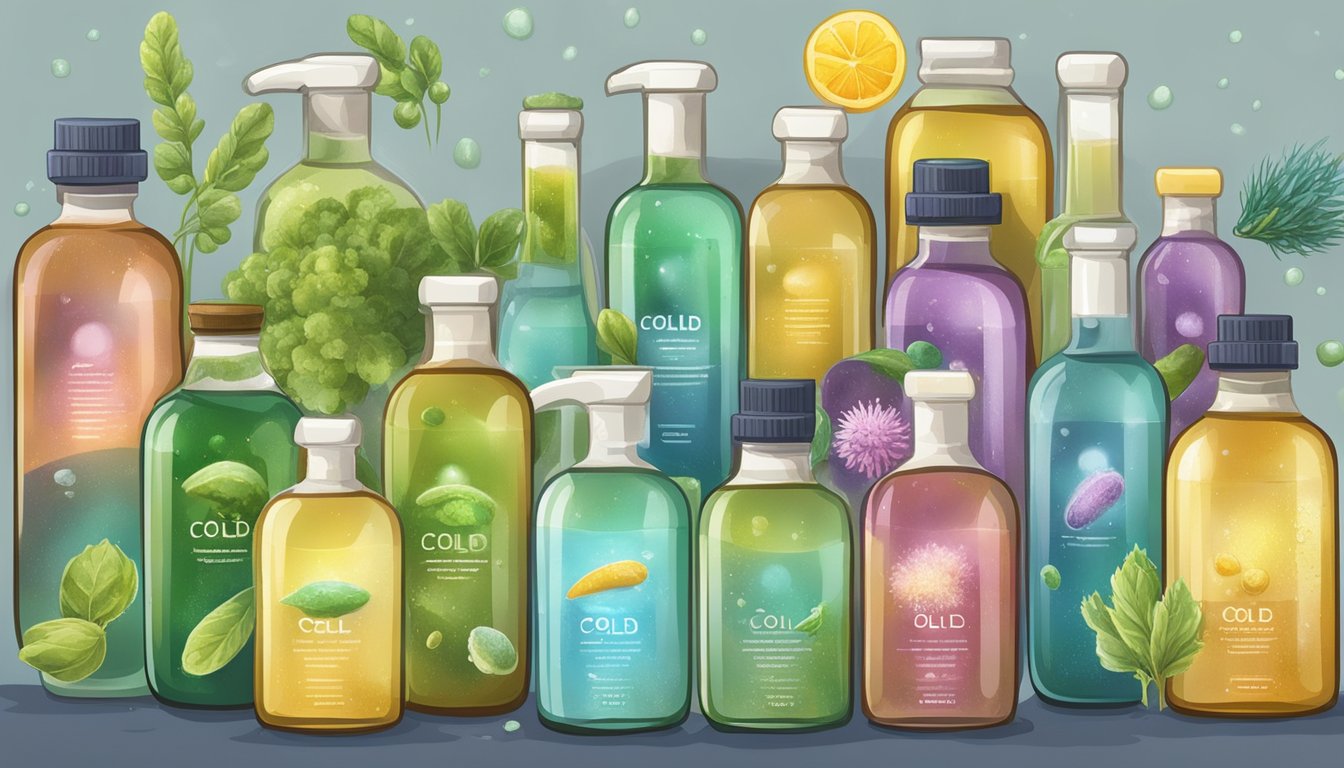 A collection of various cold pressed oils, surrounded by bacteria and viruses being repelled by their antimicrobial properties