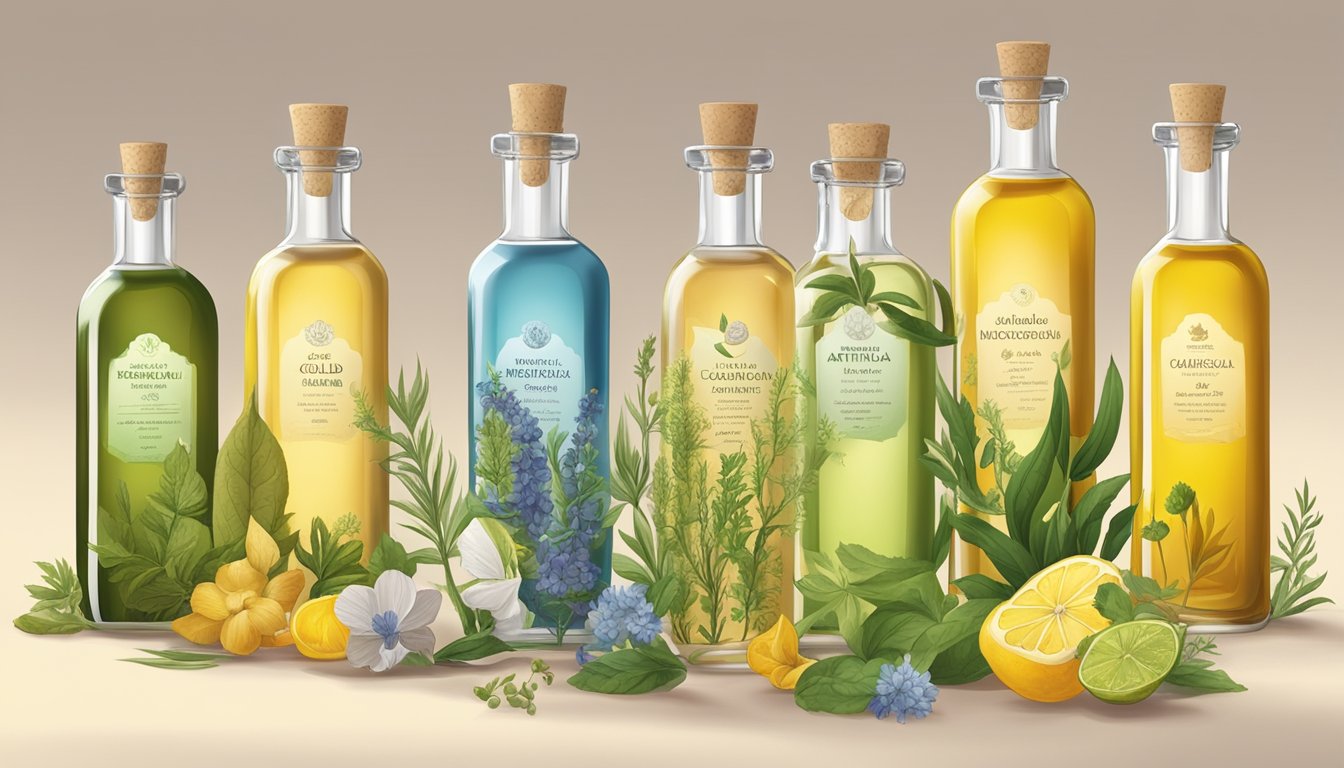 A collection of various cold pressed oils in glass bottles, surrounded by botanicals and labeled with their specific antimicrobial properties