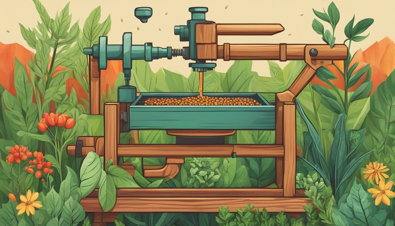 A wooden press extracting oil from seeds, surrounded by various plants and herbs. A red, inflamed area contrasts with a soothing, green landscape