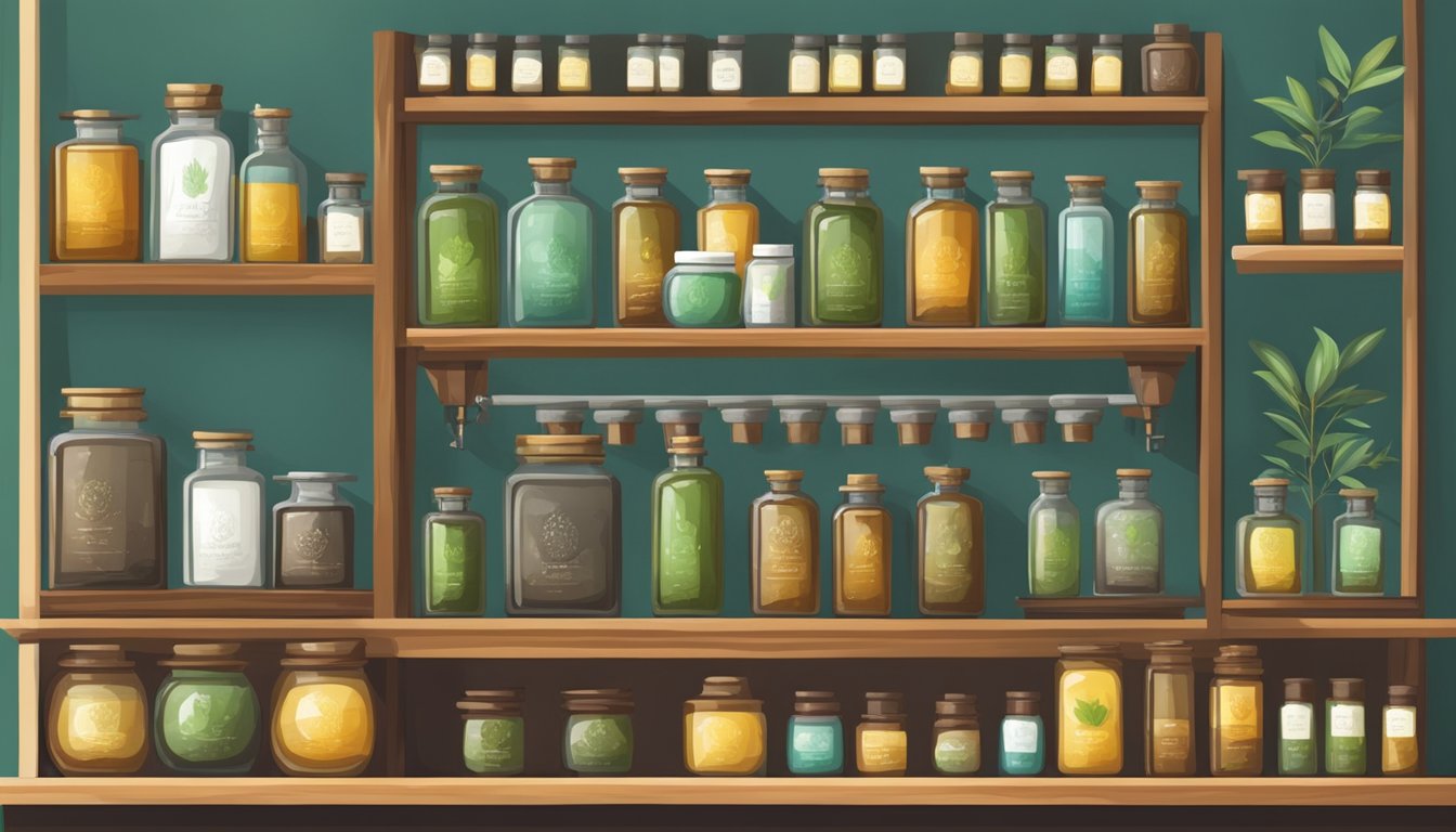 A serene Ayurvedic apothecary with various extraction tools and cold-pressed oils displayed on wooden shelves