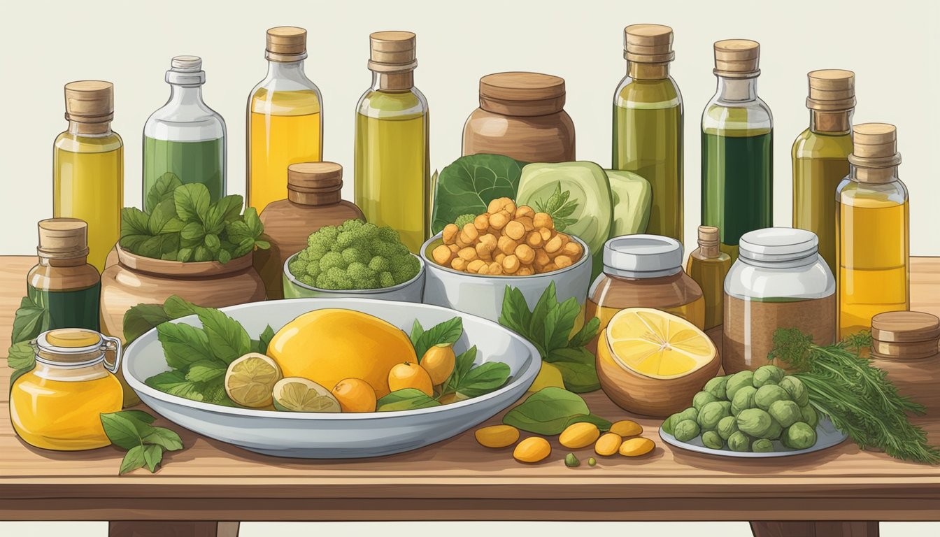 A table filled with various cold pressed oils and a selection of anti-inflammatory foods