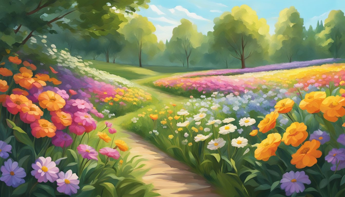 A serene, sunlit field of vibrant, blooming flowers with a backdrop of lush greenery and a gentle breeze carrying the scent of specialty cold pressed oils