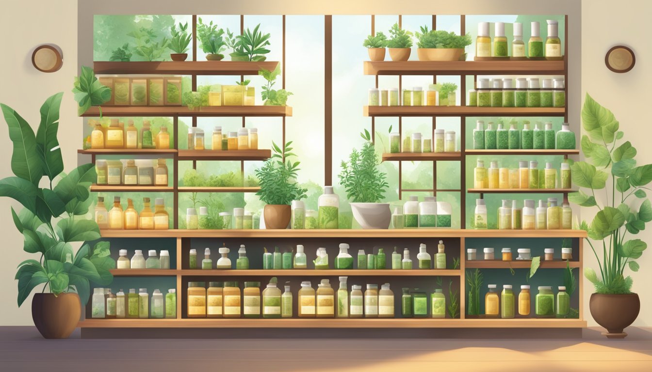 A serene Ayurvedic apothecary with shelves of cold pressed oils and herbal ingredients, surrounded by lush greenery and natural light