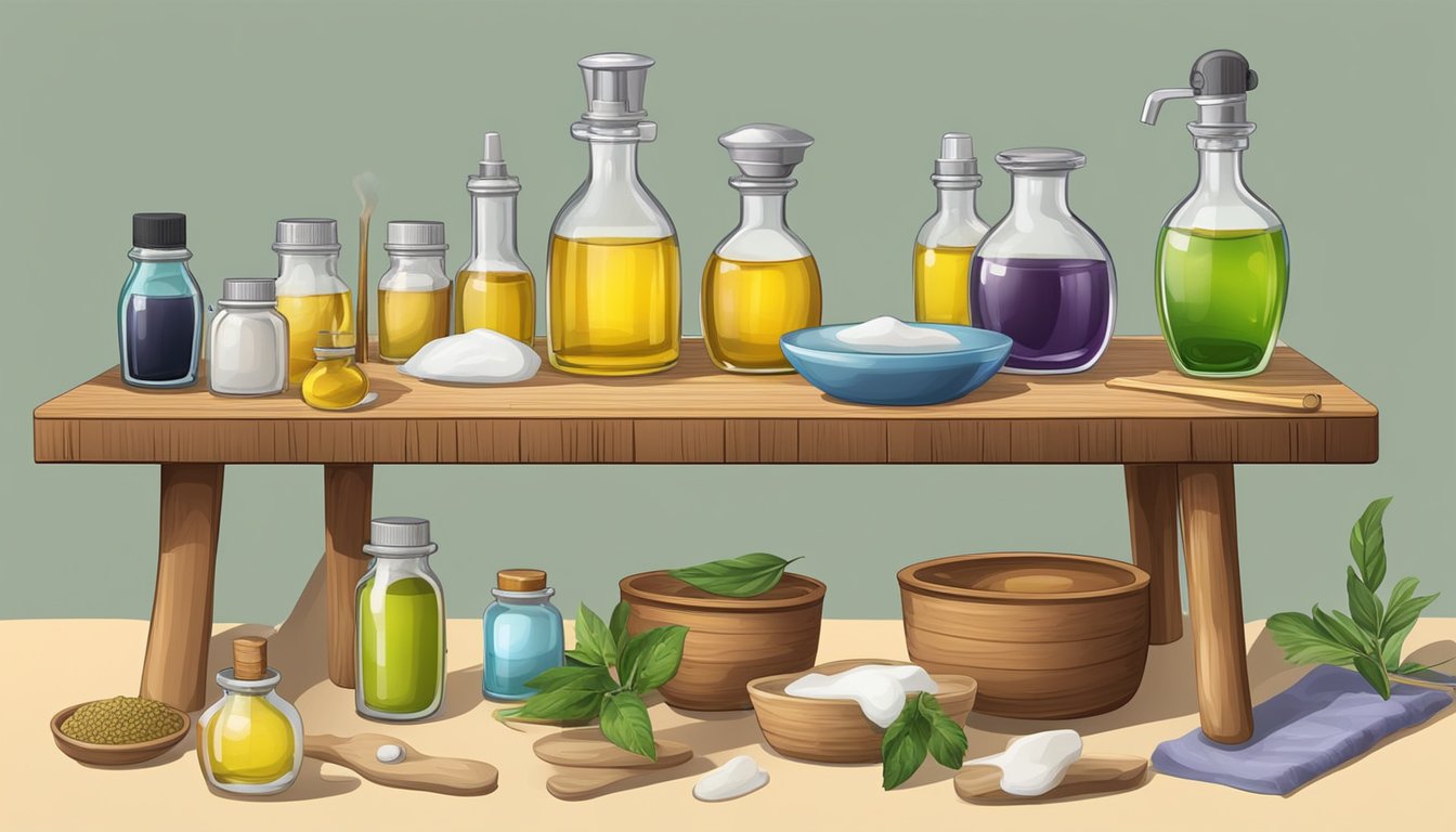 A table with various oils, lye, and safety equipment for soap making