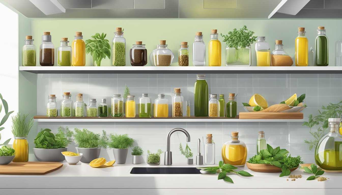 A modern kitchen with various bottles of cold-pressed oils, surrounded by fresh herbs and spices, representing the integration of Ayurvedic oils in modern lifestyle