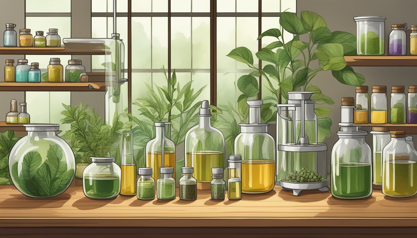 A serene laboratory setting with various botanical ingredients and equipment, showcasing the process of cold-pressing oils for Ayurvedic medicine