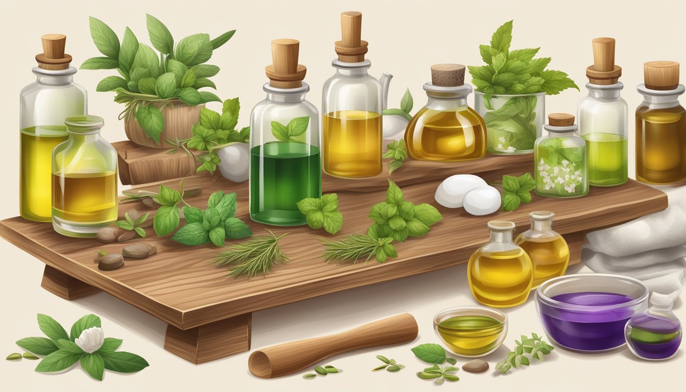 A wooden table with assorted oils, herbs, and molds for soap making