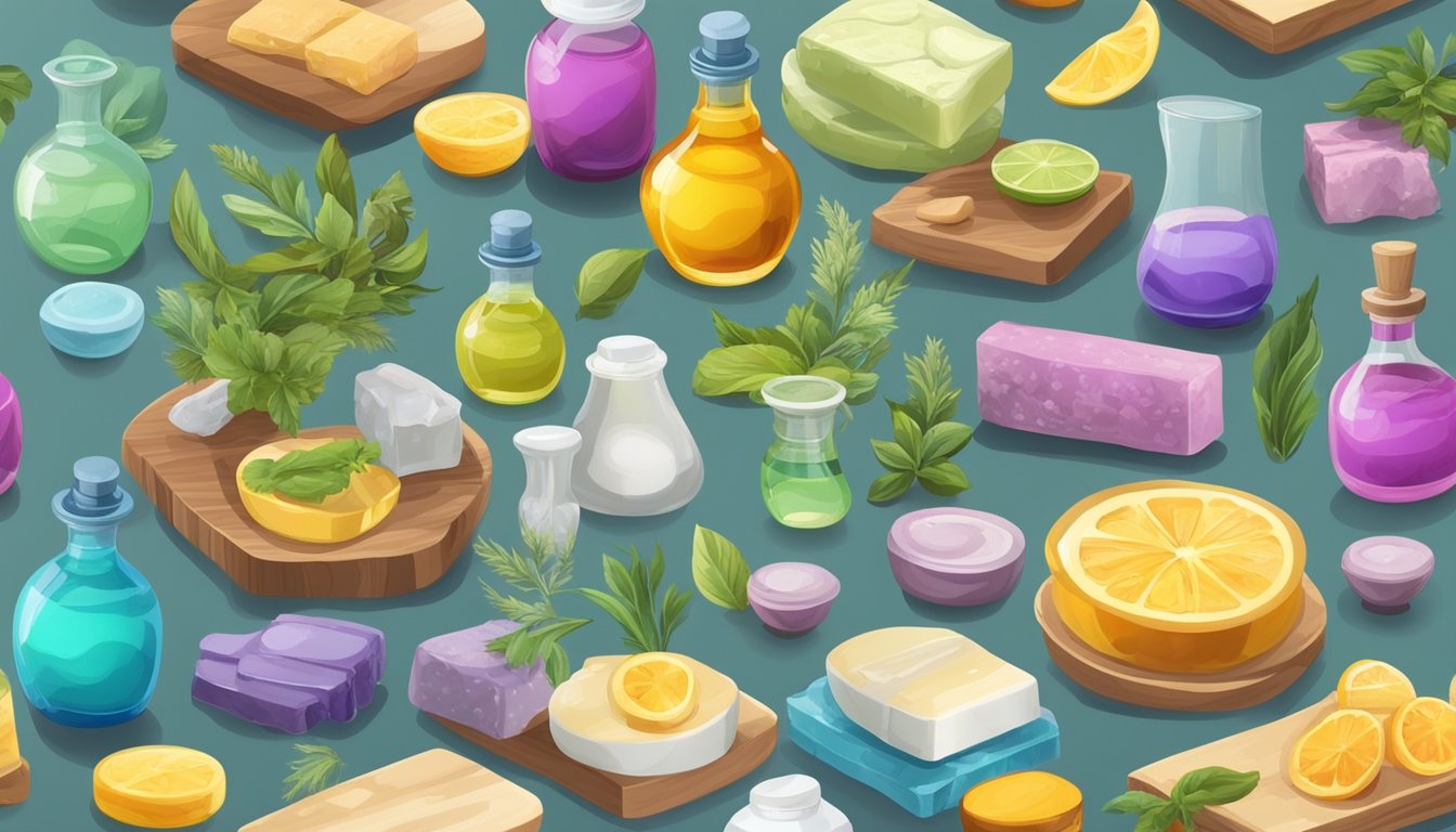 A table filled with various oils, molds, and utensils for soap making. A colorful array of ingredients and a finished bar of handmade soap