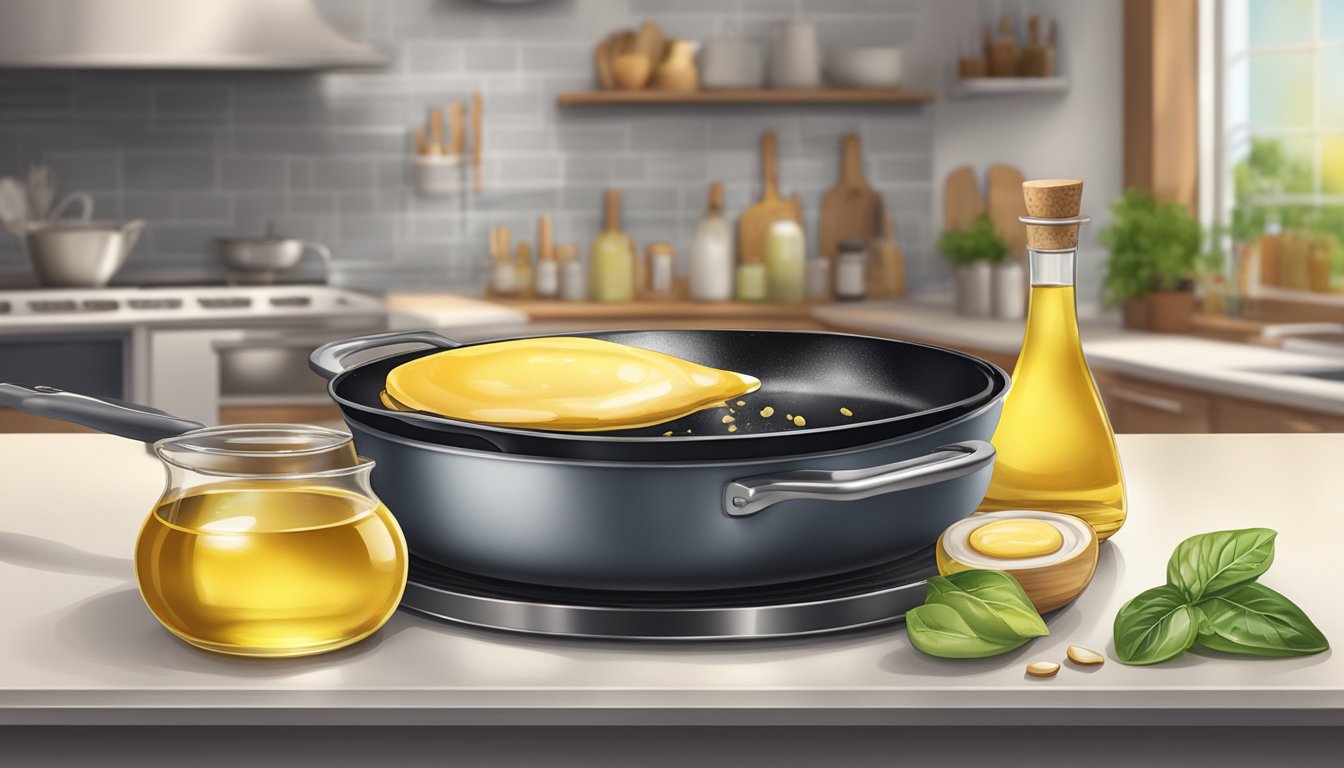 A sizzling pan of fats contrasts with a bottle of cold-pressed oils on a kitchen counter