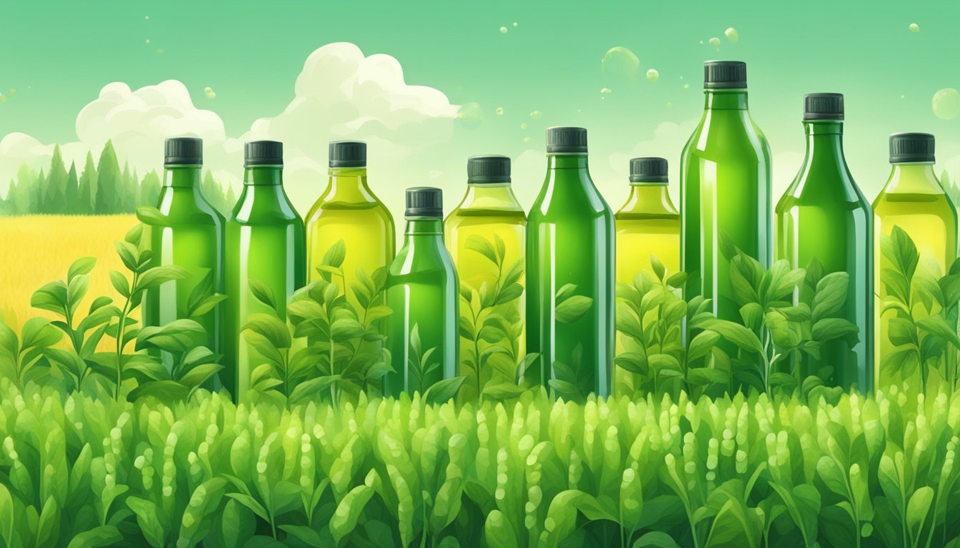 Lush green field with rows of crops surrounded by bottles of Future Prospects cold pressed oils, repelling pests and weeds