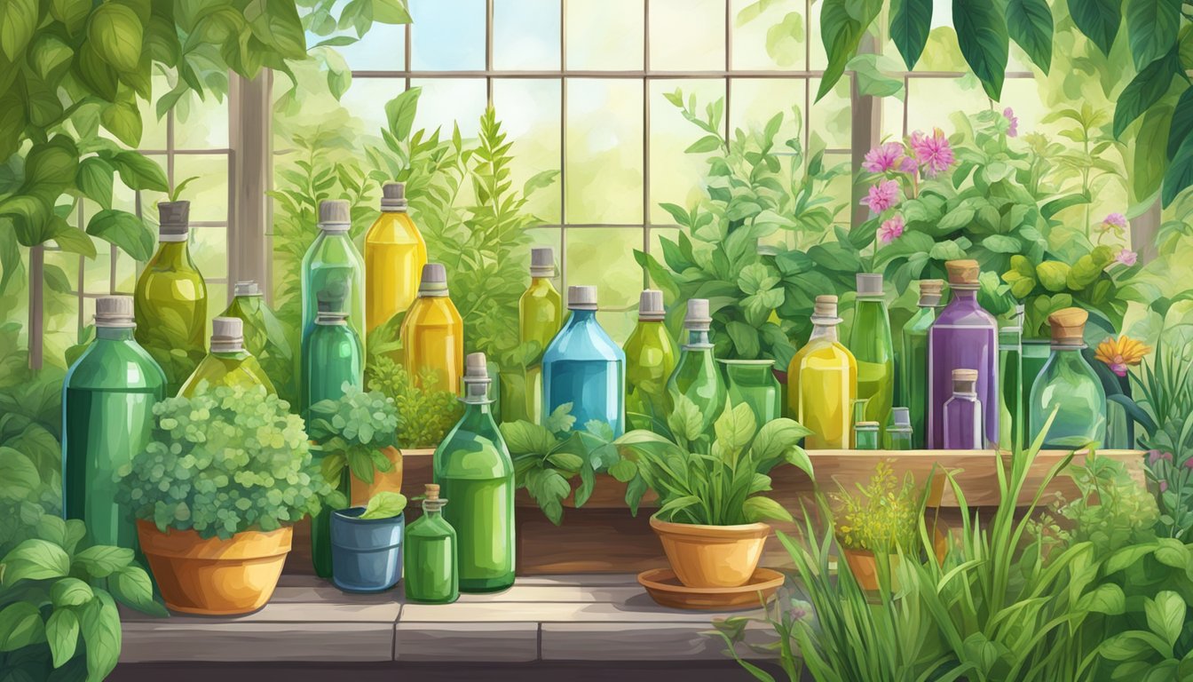 A lush garden with healthy, pest-free plants surrounded by bottles of cold pressed oils used as natural pesticides and herbicides