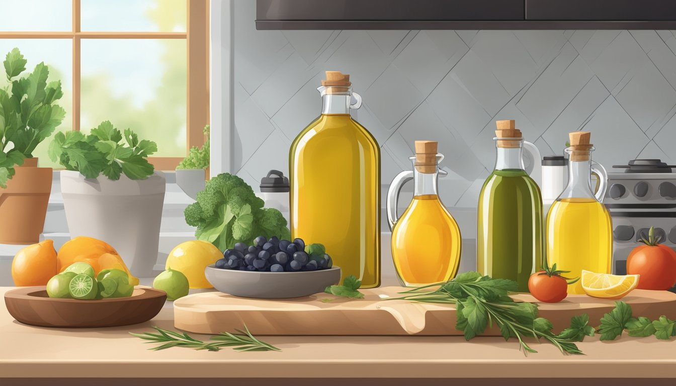 A kitchen counter with various cold pressed oils, a cutting board, and fresh ingredients ready to be used for cooking