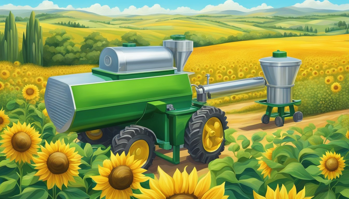 Lush green fields of sunflowers and olives, surrounded by clean air and clear blue skies. A cold press machine sits in the center, extracting pure oils