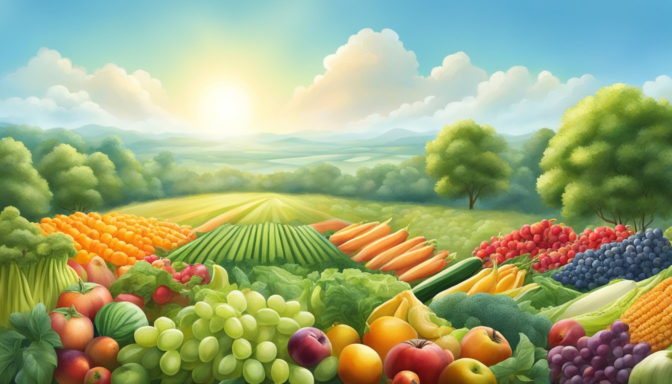 A serene, sunlit field with an array of vibrant, freshly harvested fruits and vegetables, surrounded by lush greenery and a clear blue sky