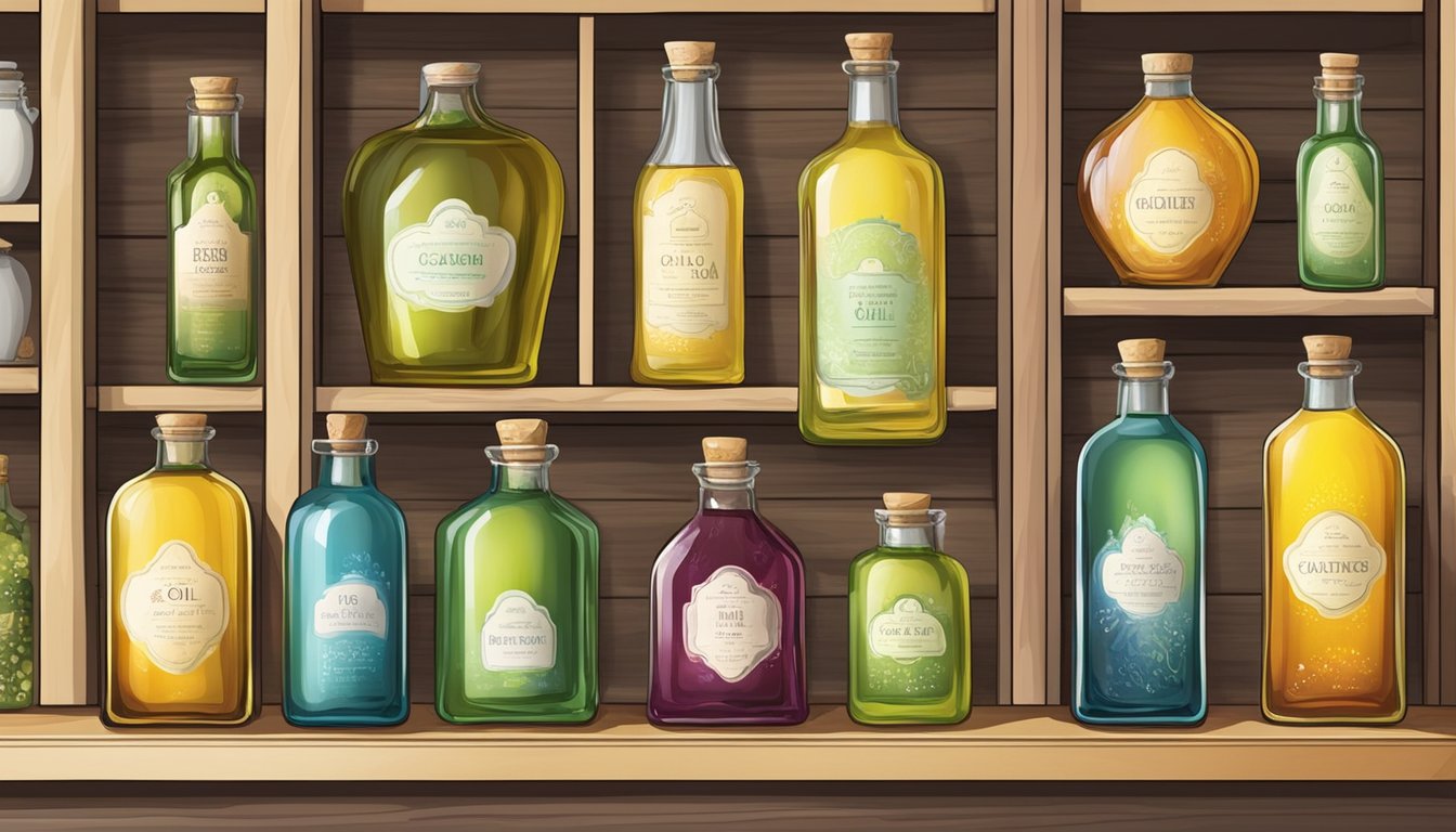 A serene kitchen shelf displays a variety of colorful glass bottles filled with cold pressed oils, each labeled with a different type of oil