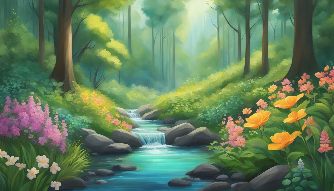 A serene forest with a clear stream, surrounded by lush greenery and vibrant flowers. A small press extracting oil from seeds, emitting a sense of tranquility and sustainability