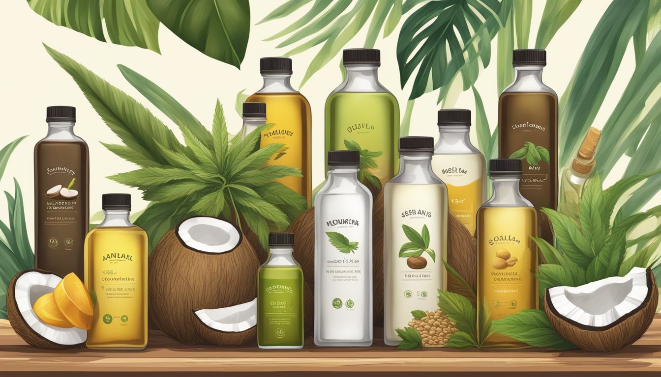 A variety of cold-pressed oils, such as coconut, flaxseed, and hemp, arranged on a shelf with a backdrop of natural elements like plants and animals