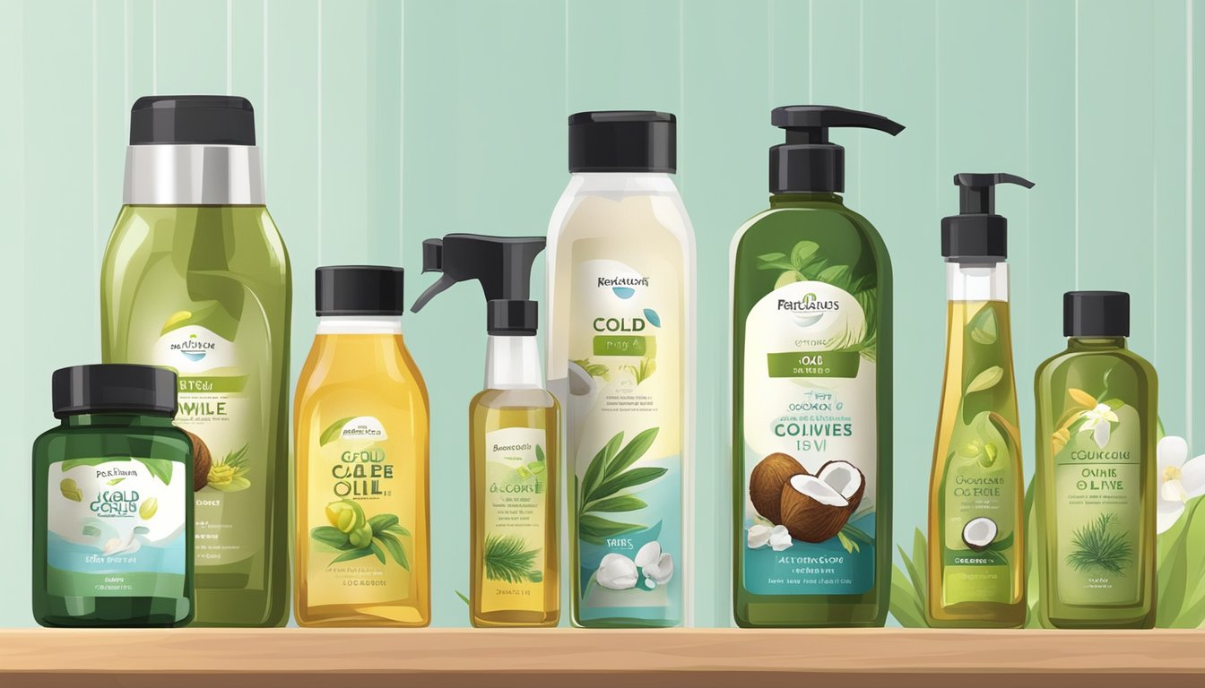 A variety of cold-pressed oils, such as coconut, flaxseed, and olive, arranged on a shelf with pet care products