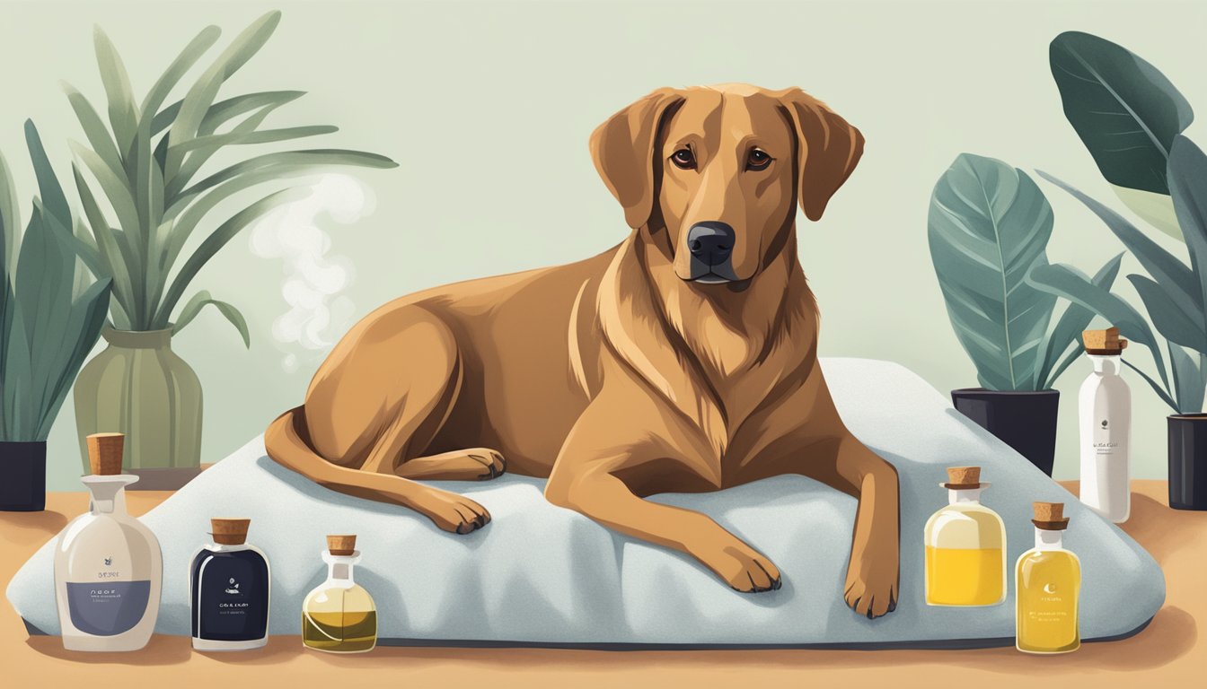 A dog lying on a cozy bed surrounded by bottles of cold-pressed oils and a diffuser emitting calming aromas