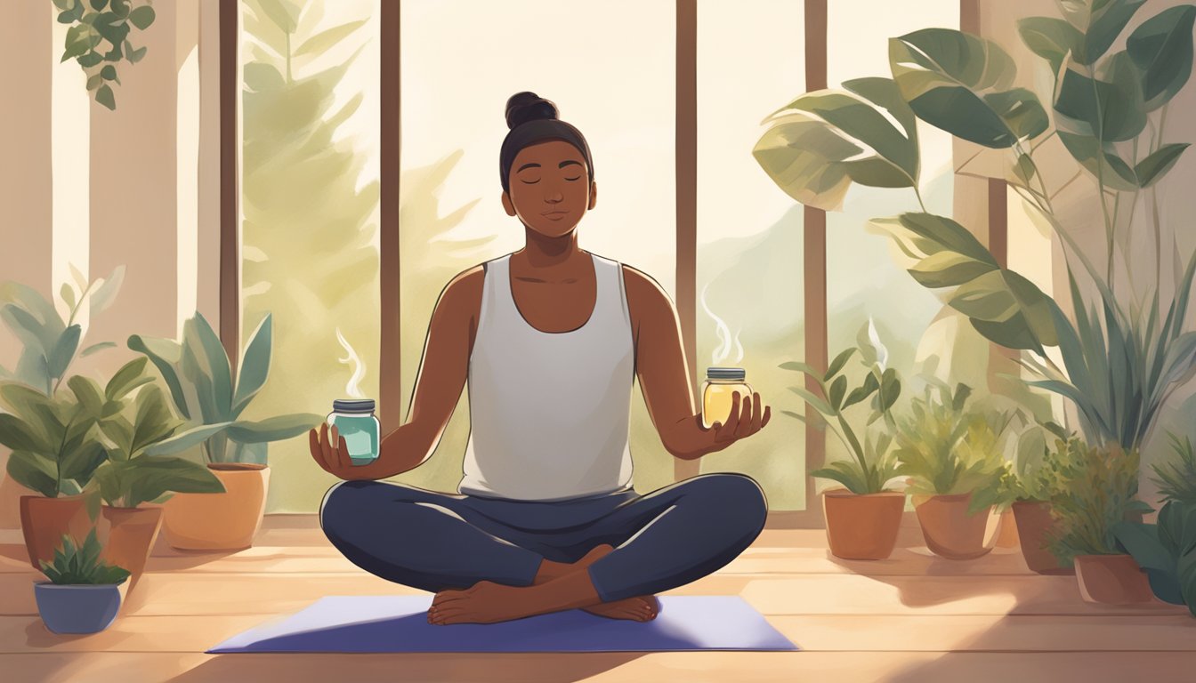 A person sitting cross-legged on a yoga mat, holding a small jar of oil and swishing it around in their mouth. A serene and peaceful environment with soft lighting and plants in the background