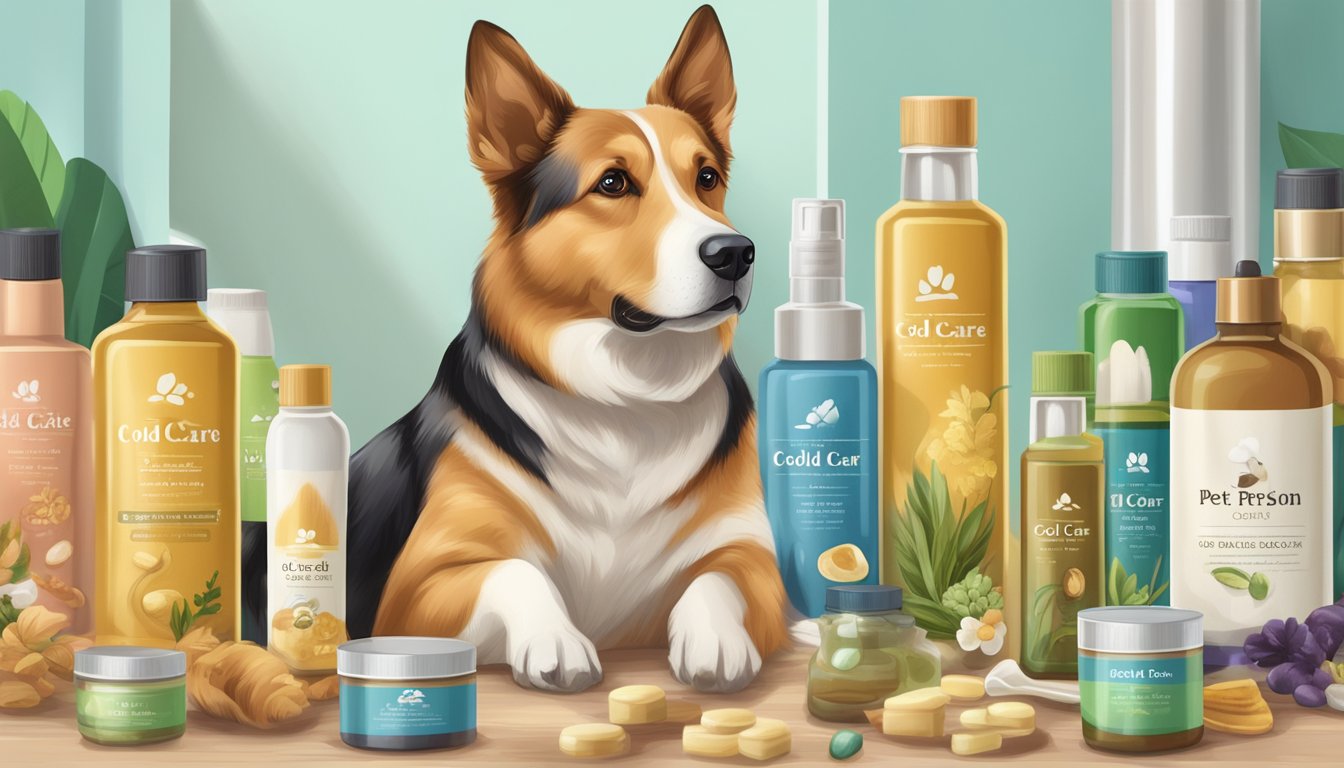 A dog with a shiny coat sits beside a bottle of cold-pressed oil, surrounded by various other types of oils and pet care products