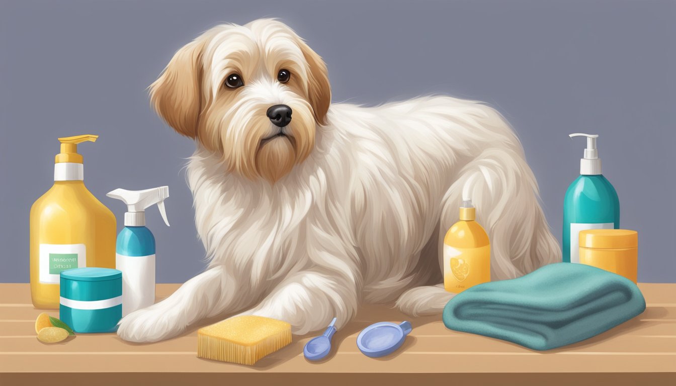 A dog being groomed with cold-pressed oils for a shiny coat and healthy skin