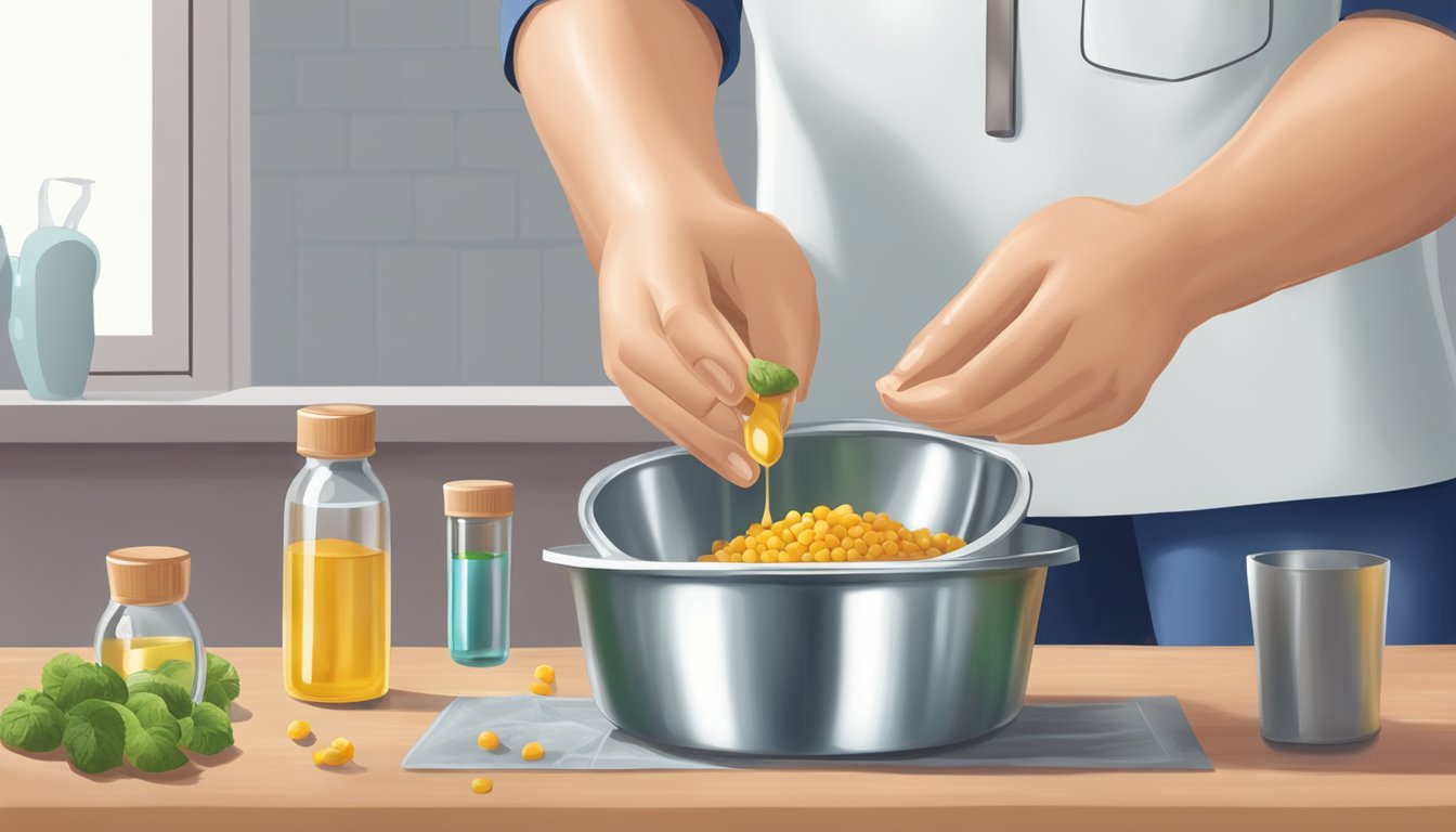 A veterinarian adding a few drops of cold-pressed oil to a pet's food bowl