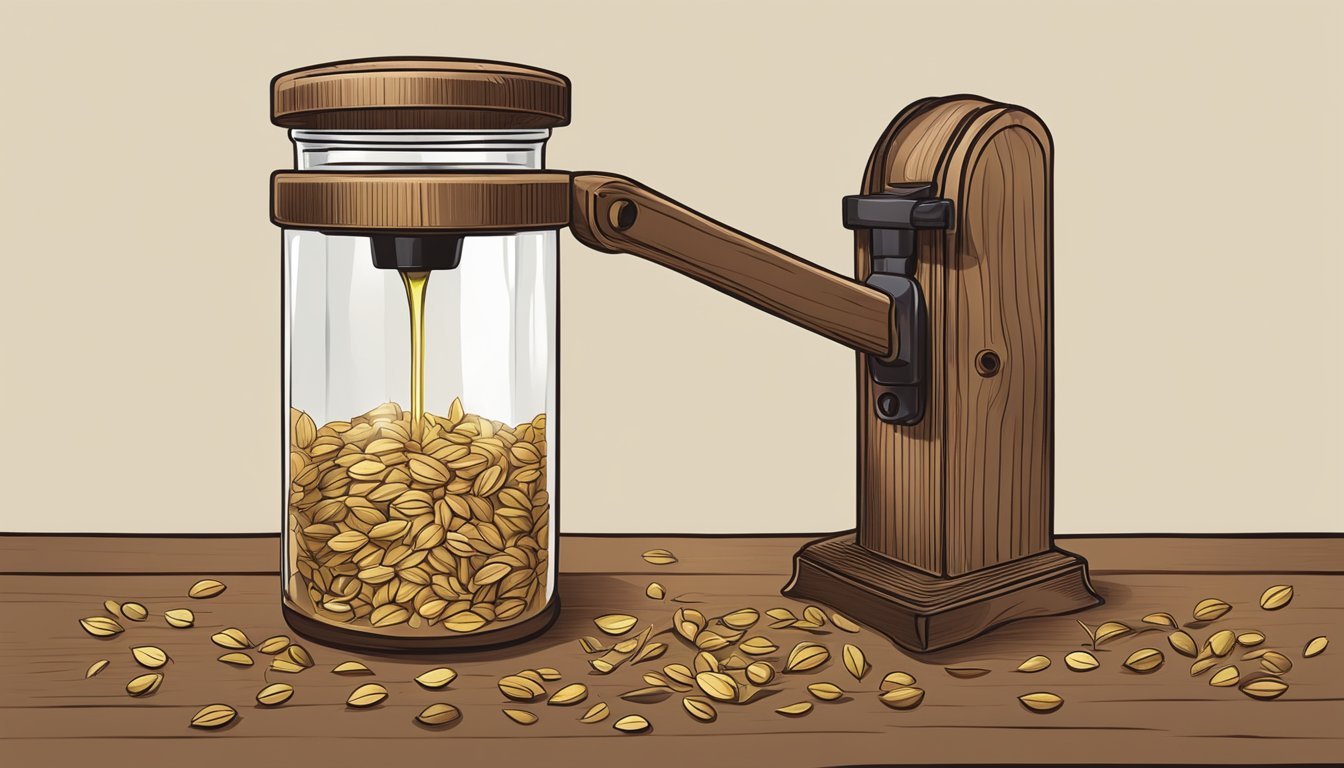 A wooden press squeezing seeds, releasing oil into a glass jar